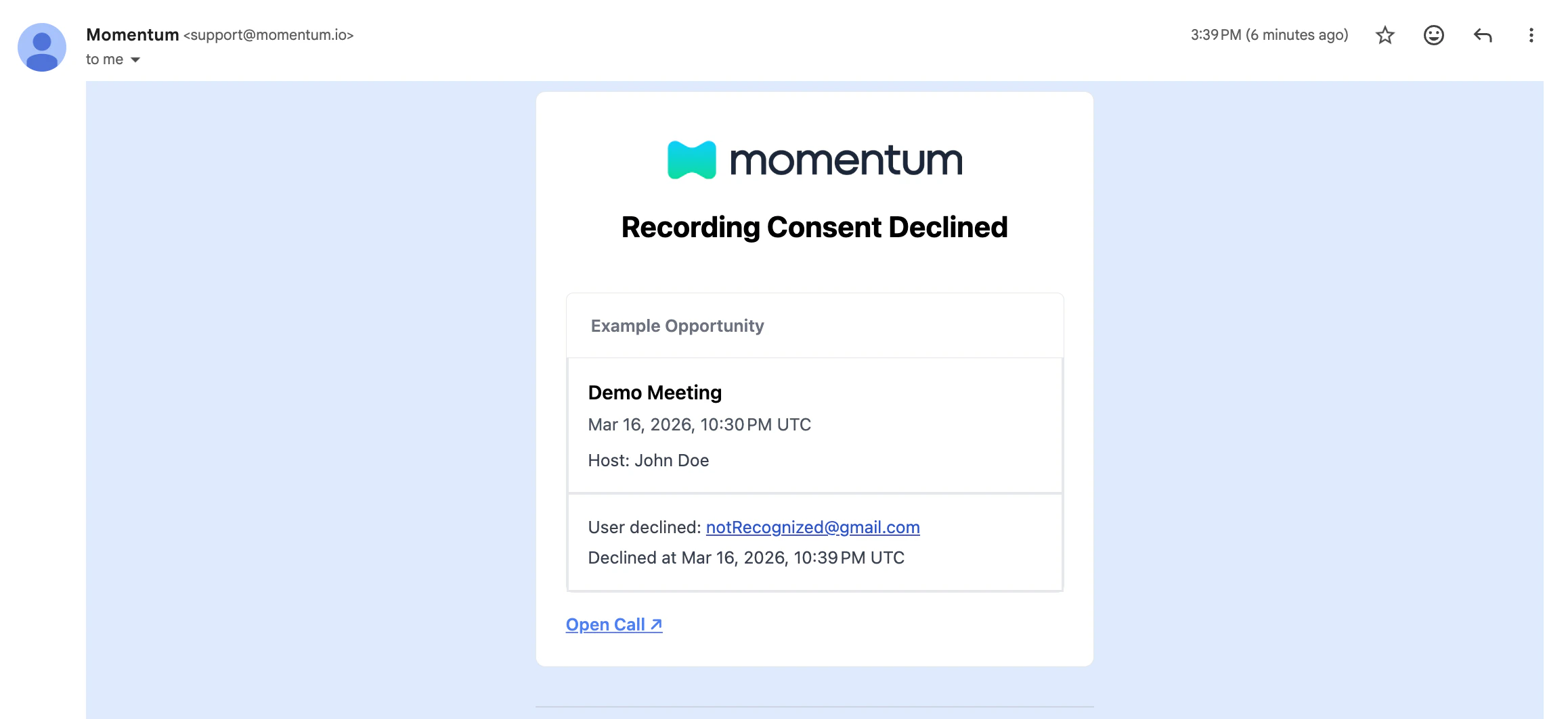 Example Email Not Recognized Participant