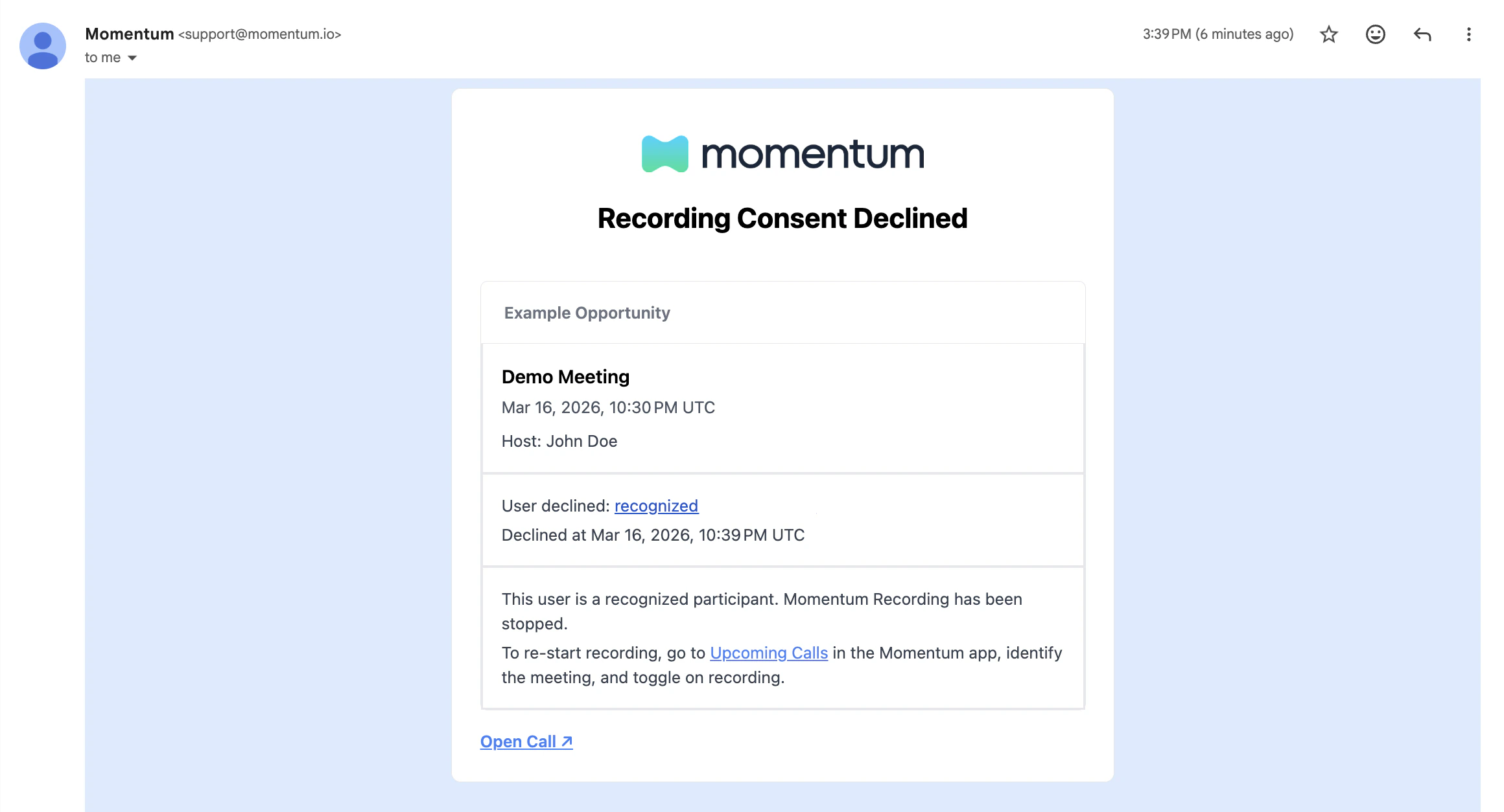Example Email Recognized Participant