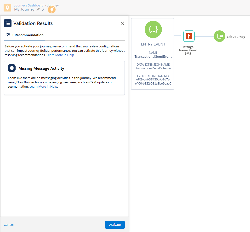 The Validation Results panel showing the Missing Message Activity recommendation and the Activate button