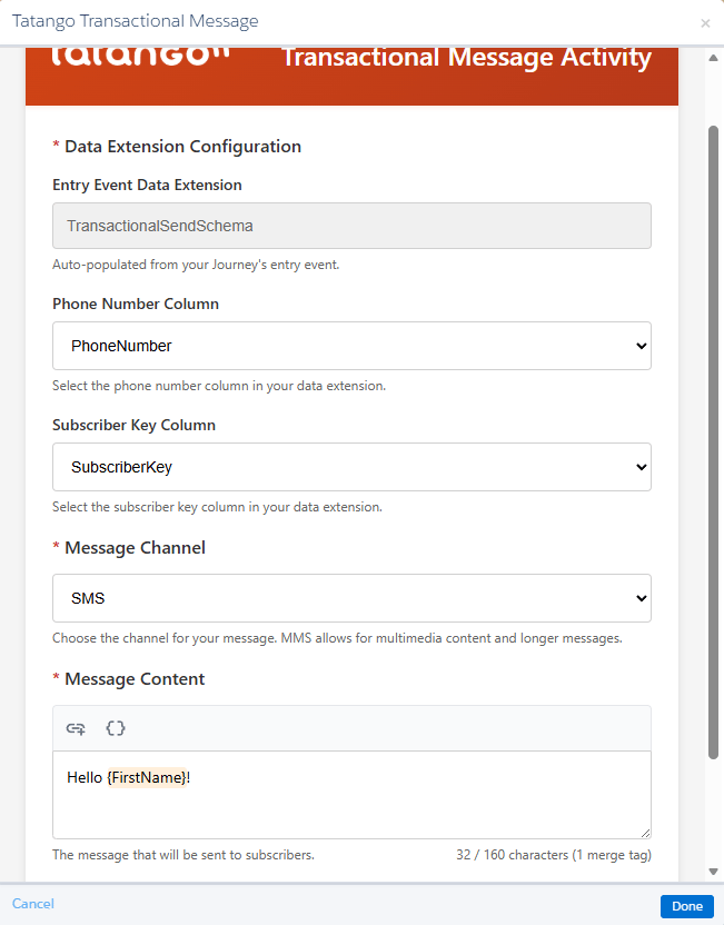 The Transactional Message Activity modal configured for an SMS send