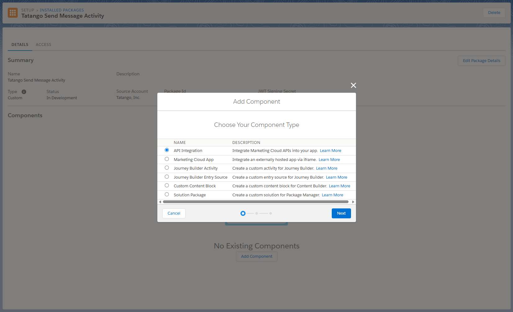 The Add Component wizard with API Integration selected