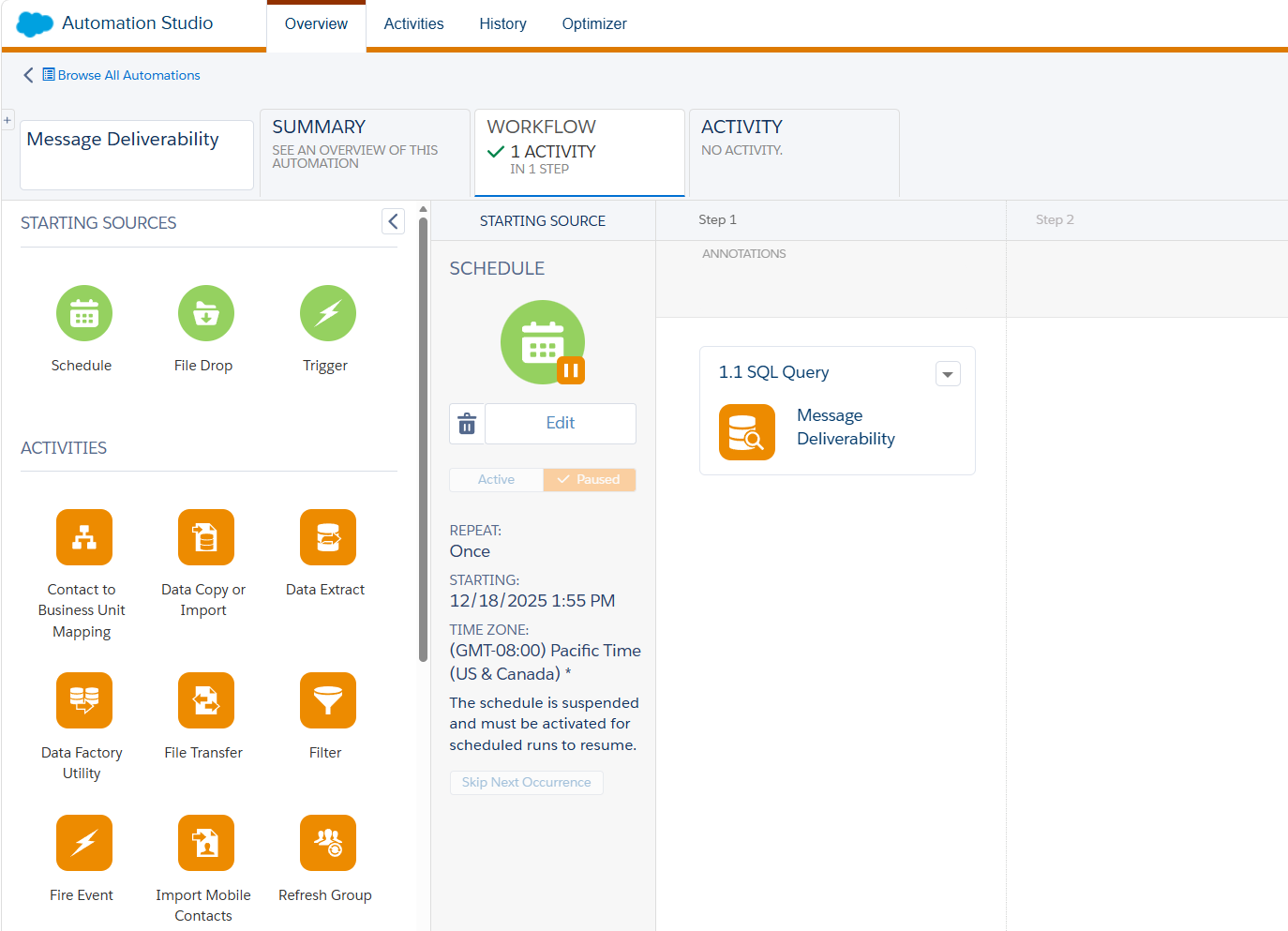 The Automation Studio canvas with a schedule starting source and a SQL Query activity