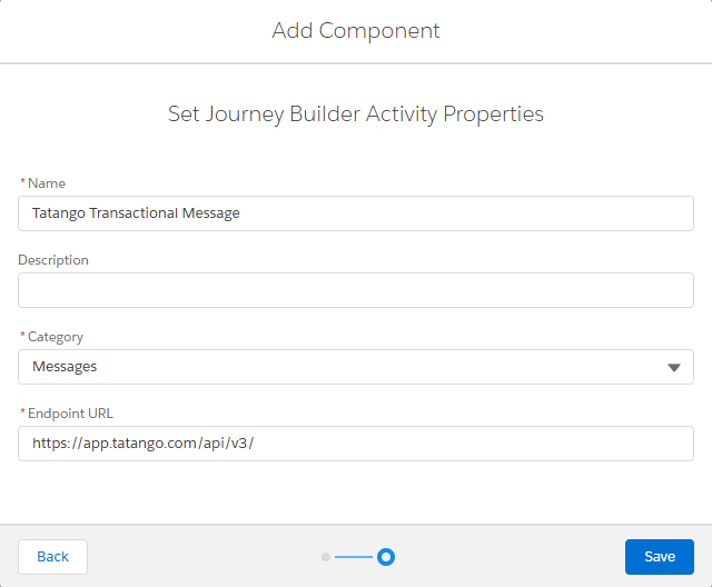 The Journey Builder Activity component properties with the category and endpoint URL filled in