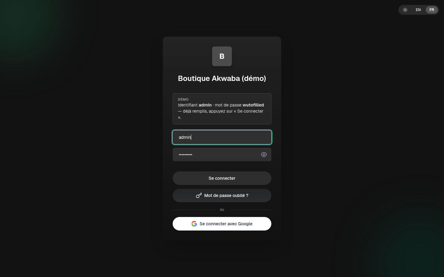 L'écran de connexion de MonPOS