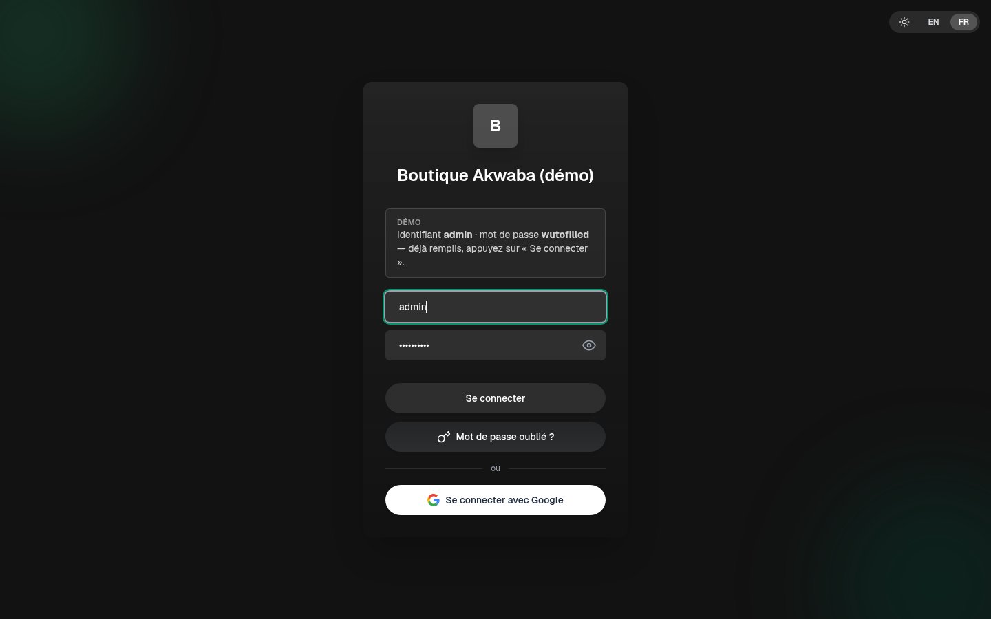 L'écran de connexion de MonPOS