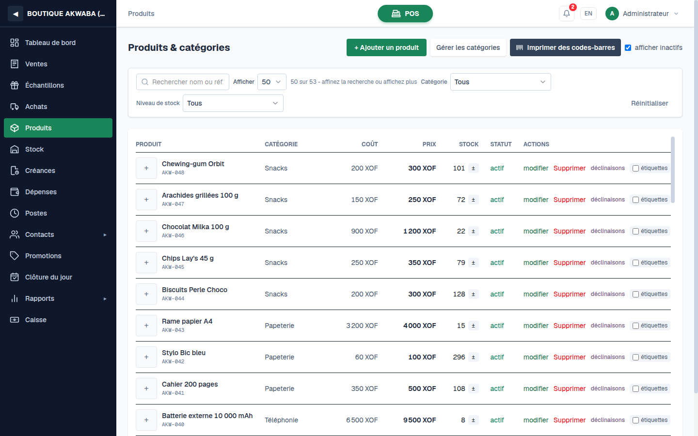 La liste des produits