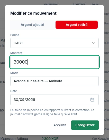 La fenêtre Modifier ce mouvement