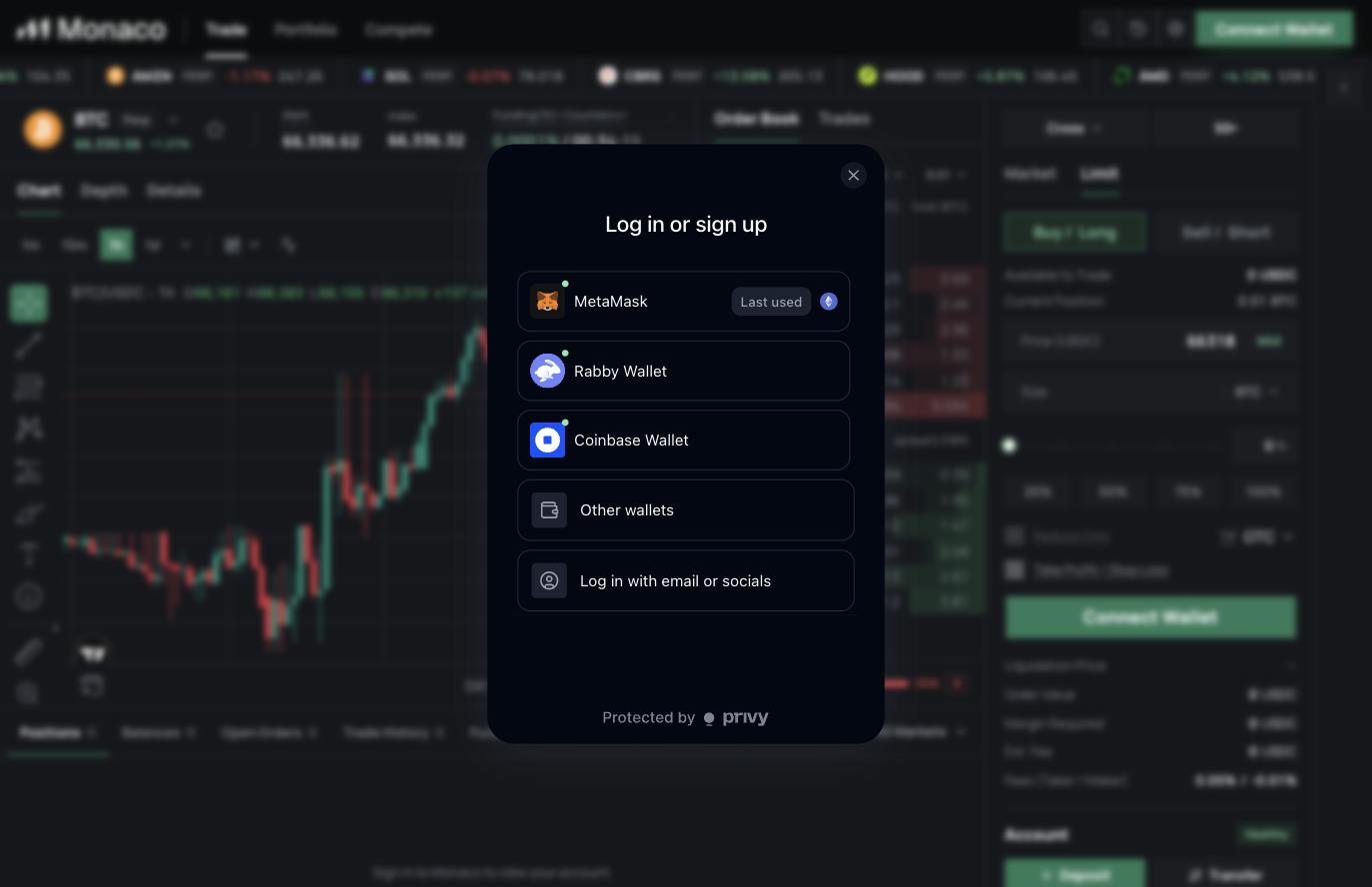 Log in or sign up modal with wallet, email, and social options