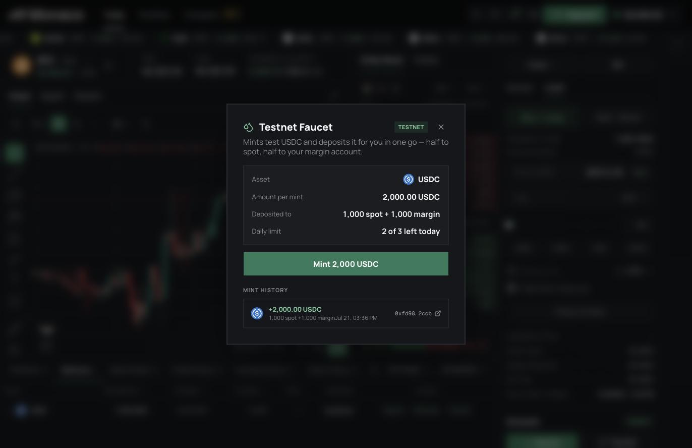 Testnet Faucet modal showing the Mint 2,000 USDC button and daily limit