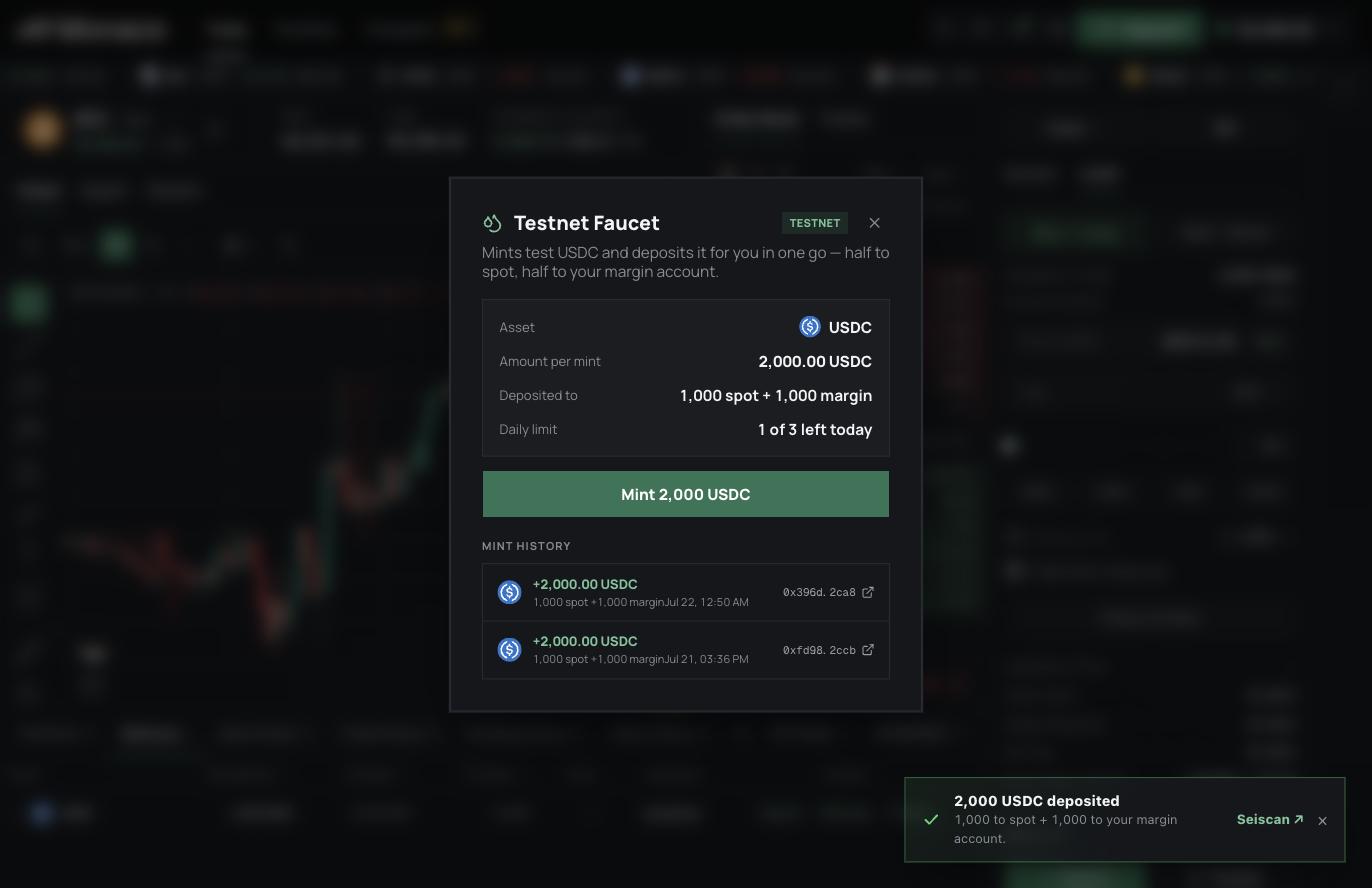 Faucet confirmation showing 2,000 USDC deposited