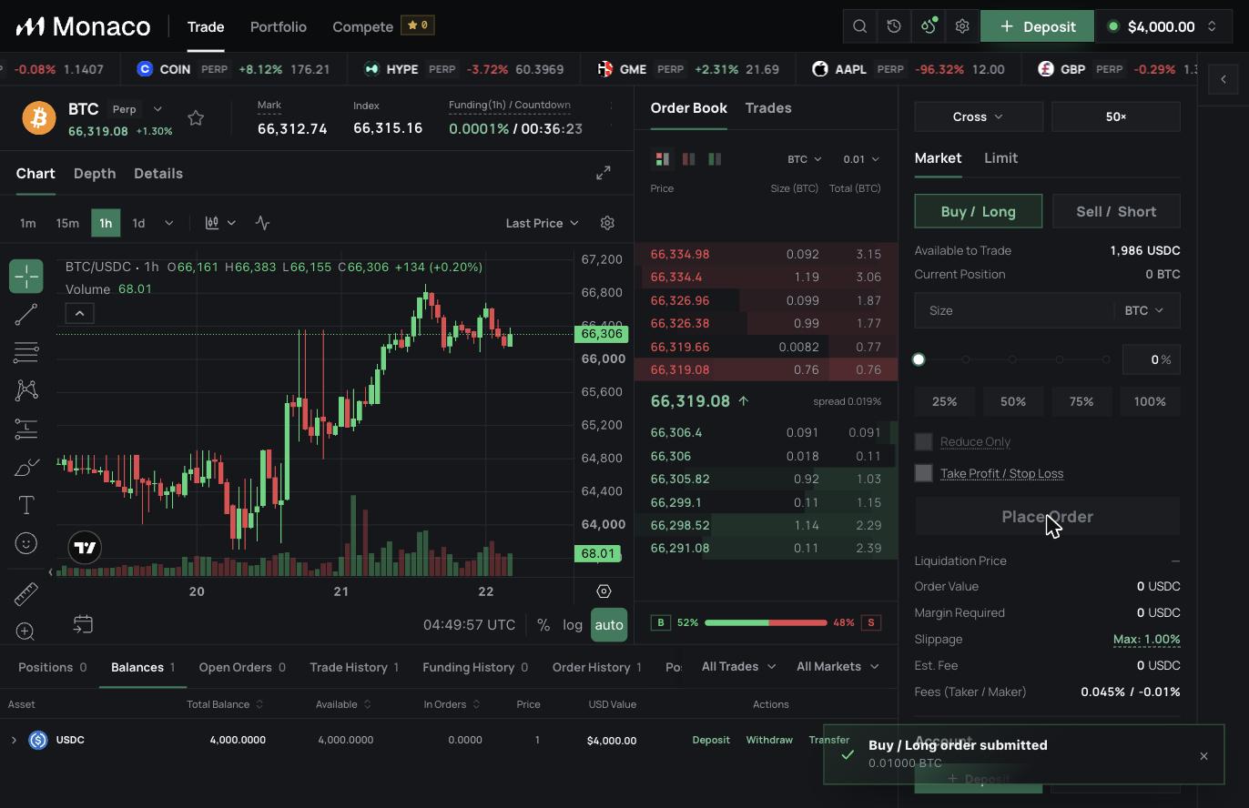 Buy or Long order submitted confirmation