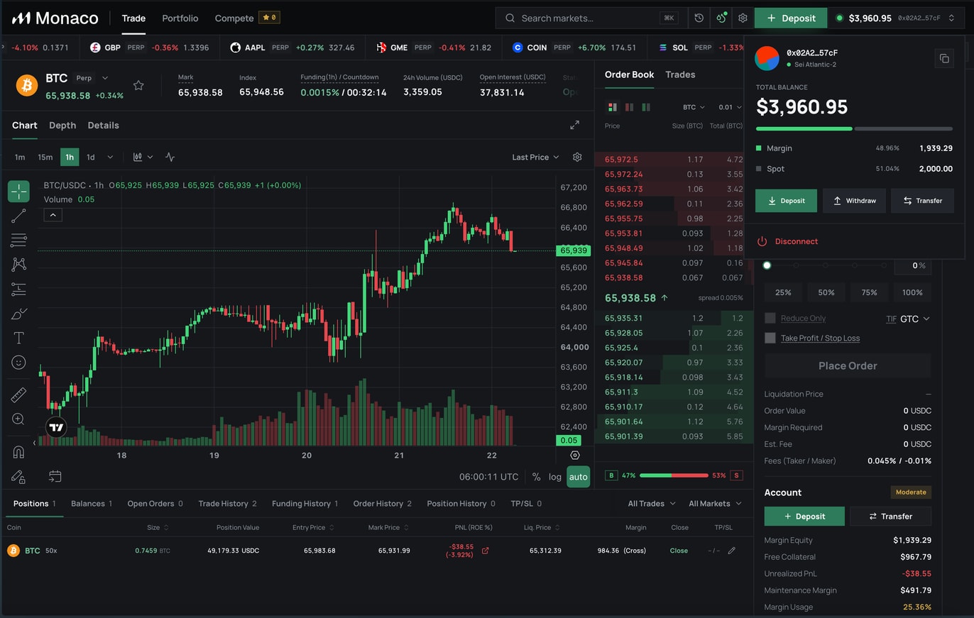 Account dropdown showing margin and spot balances with deposit, withdraw, and transfer buttons