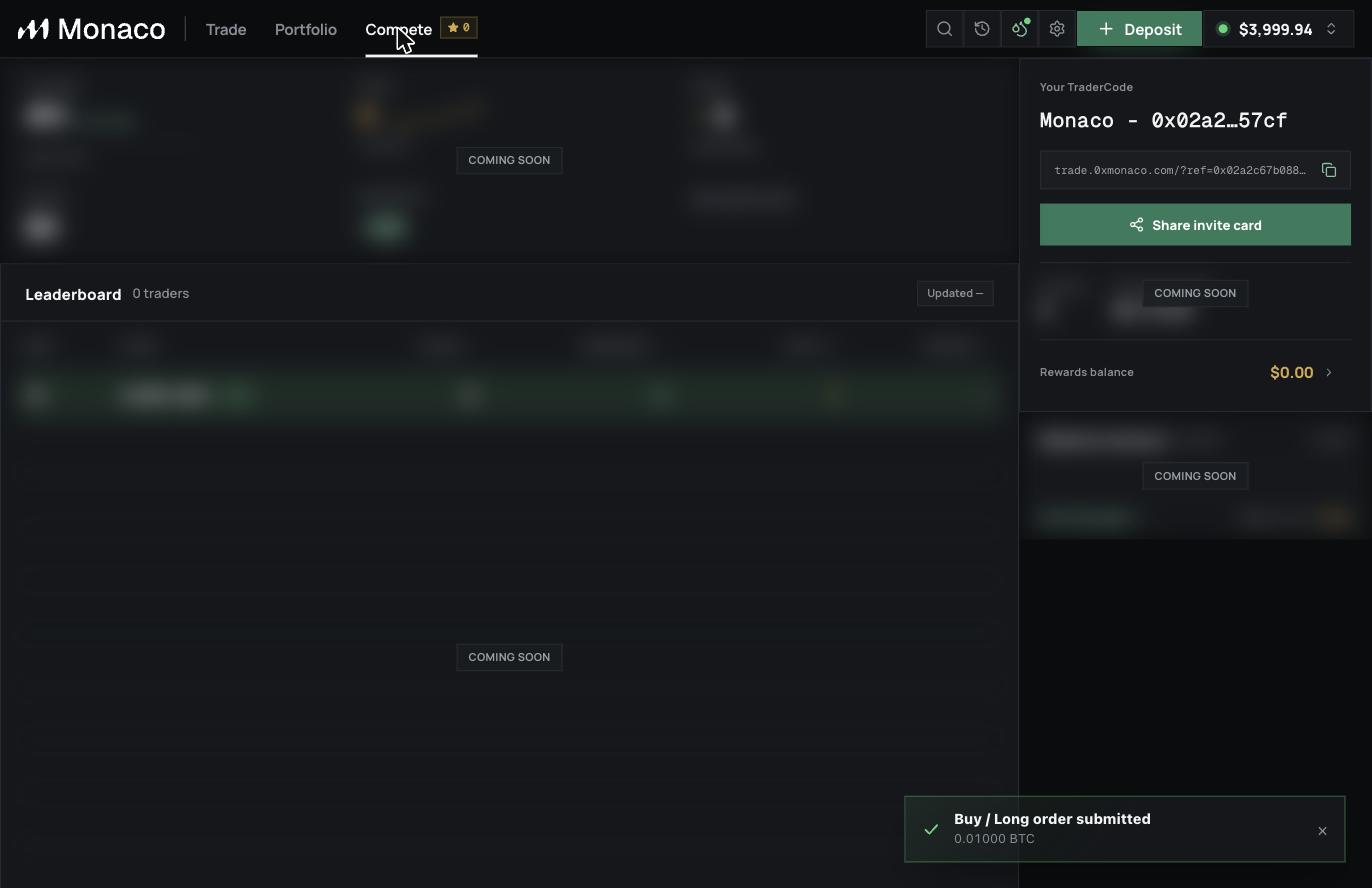 Compete page with TraderCode, invite link, and leaderboard preview
