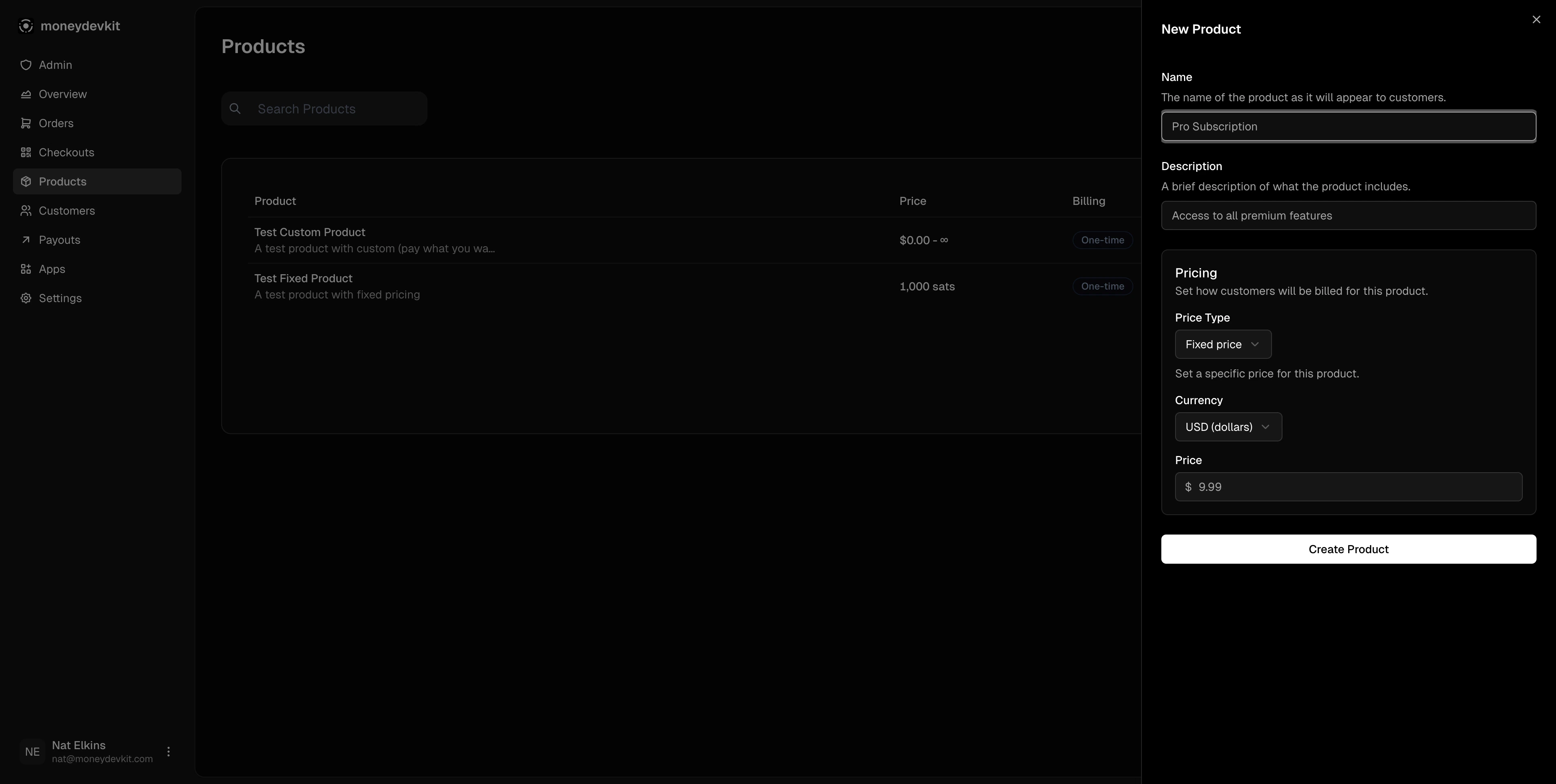 Create product form in moneydevkit dashboard