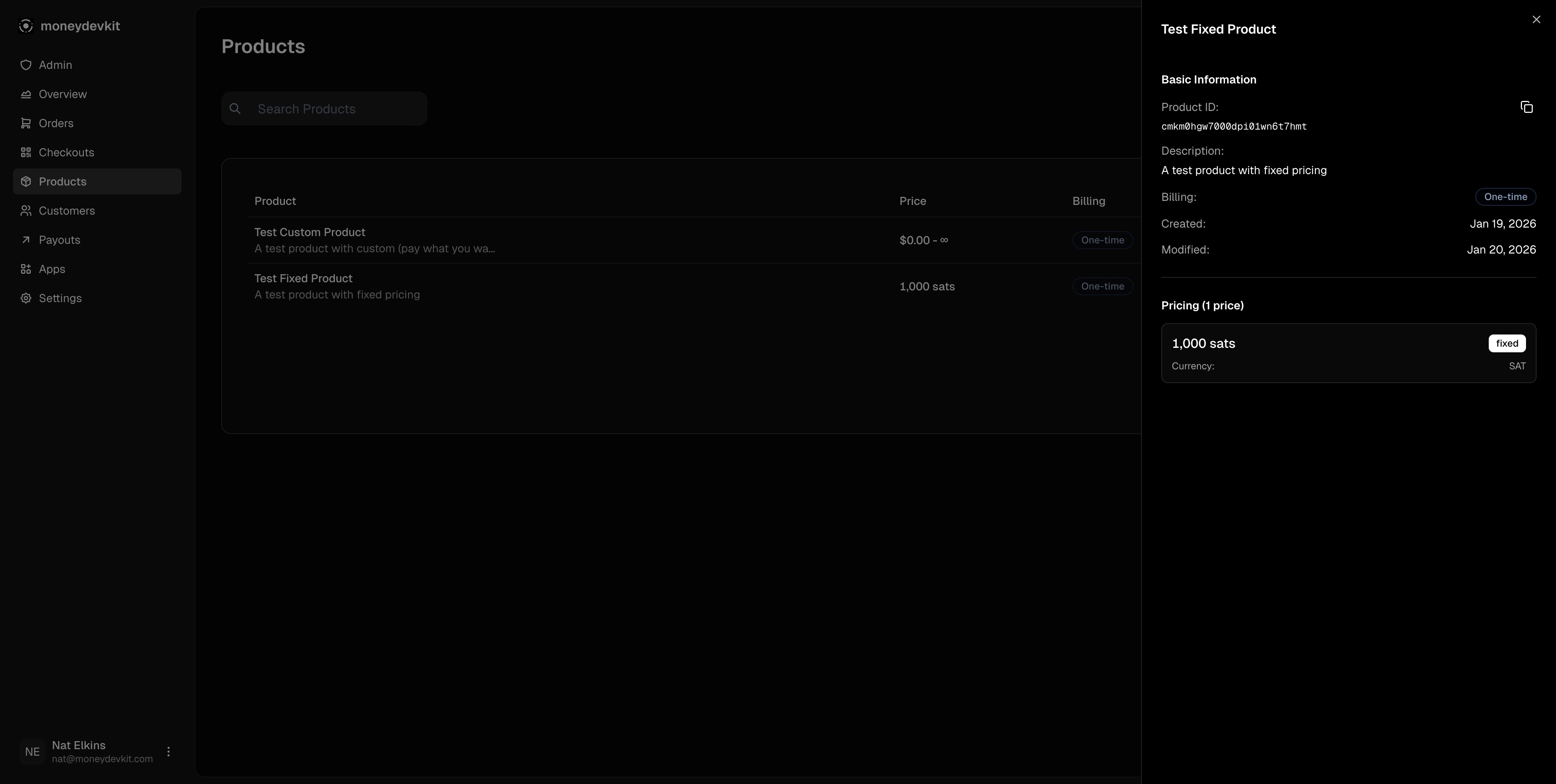 Product detail sidebar in moneydevkit dashboard