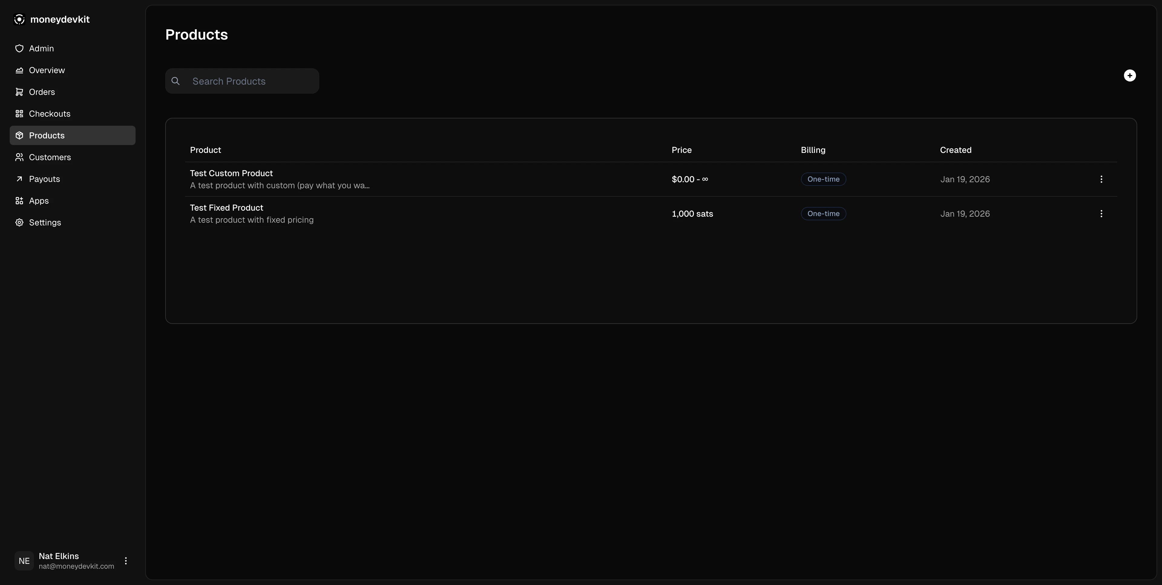 Products list in the moneydevkit dashboard