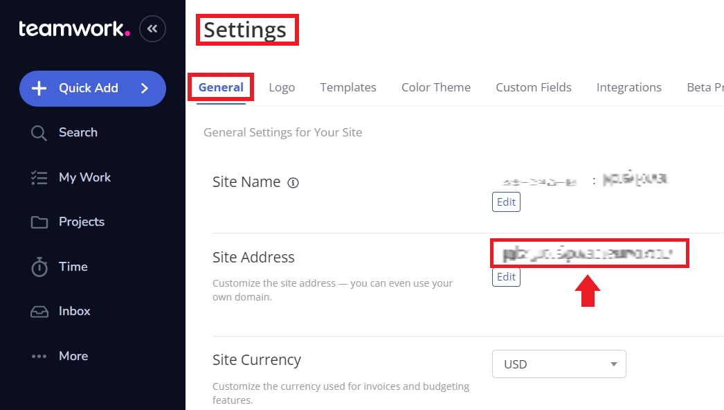 Site Addreess(ワークスペースキー)の表示