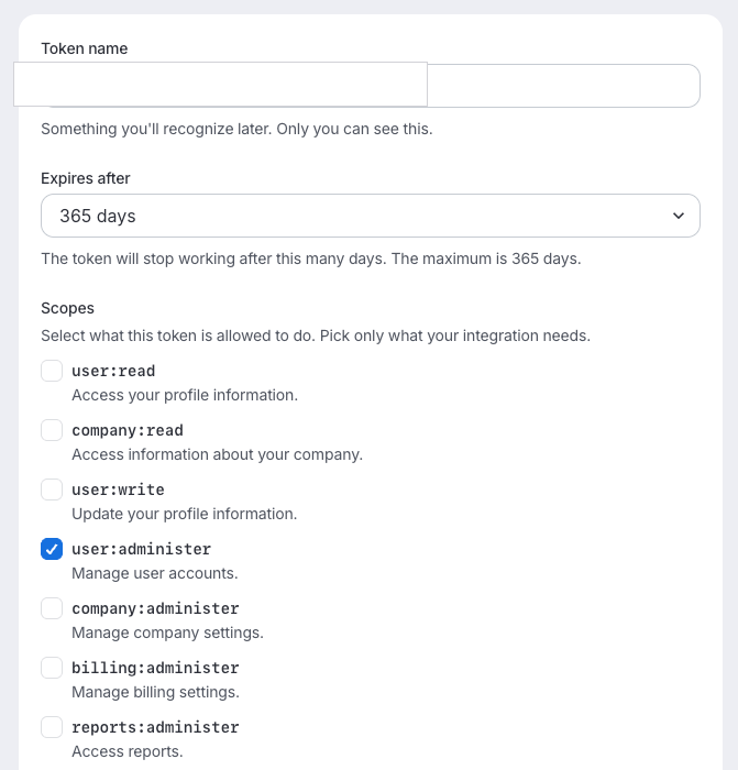 Create token screen