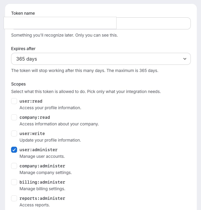 Create token screen