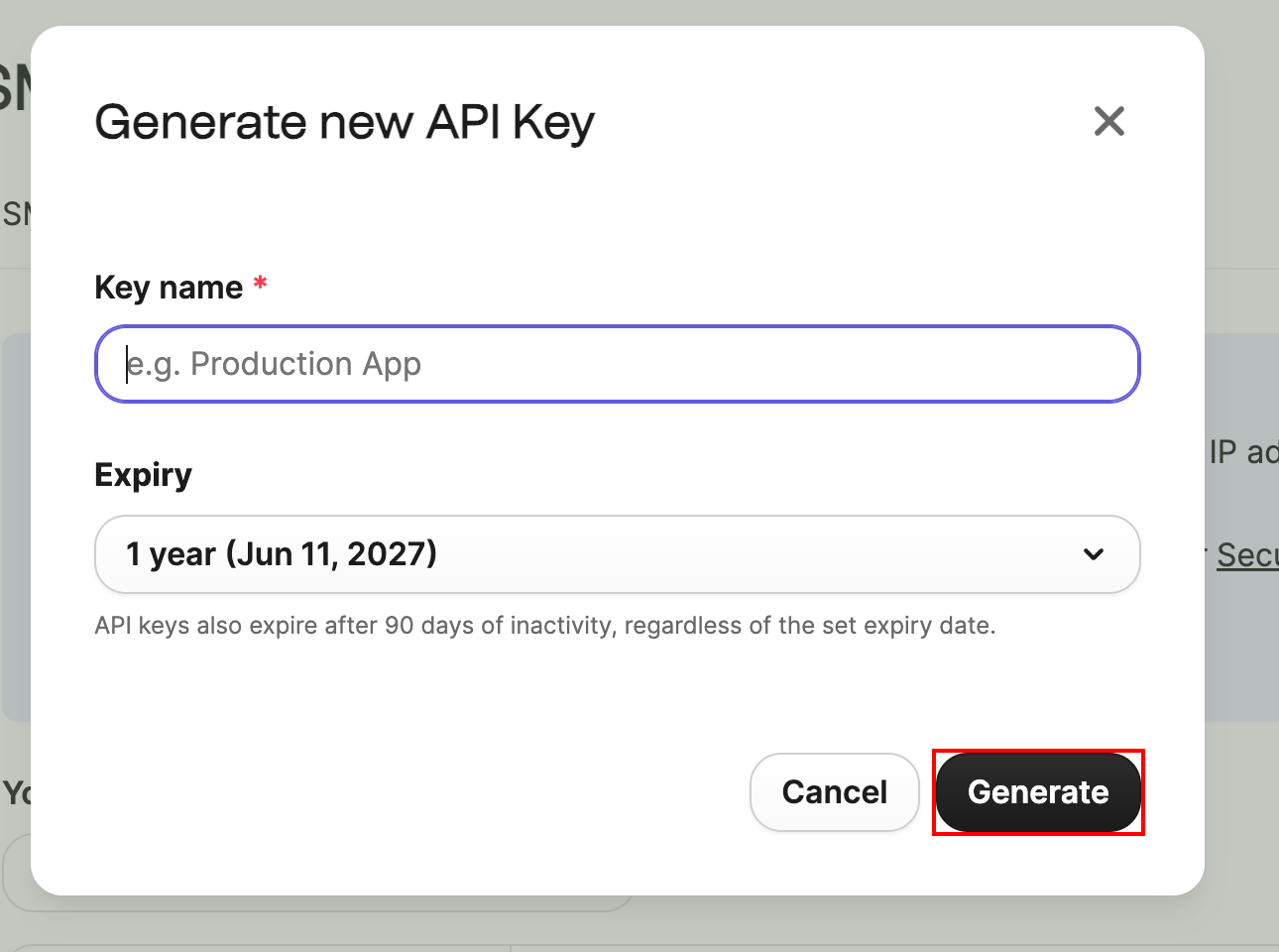 Generate API key screen