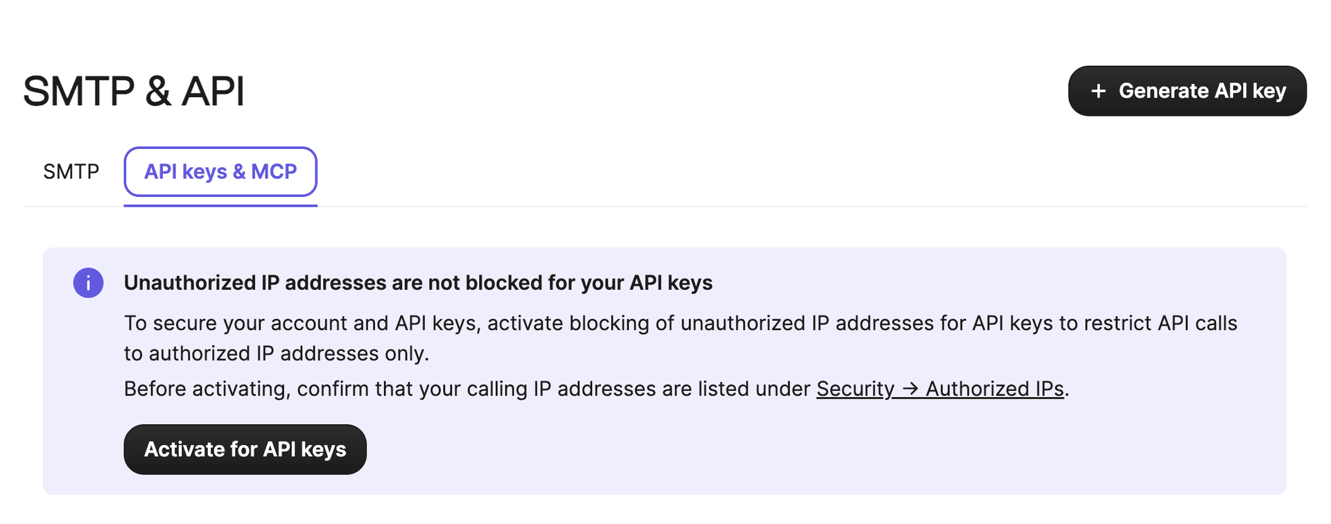 SMTP & API screen
