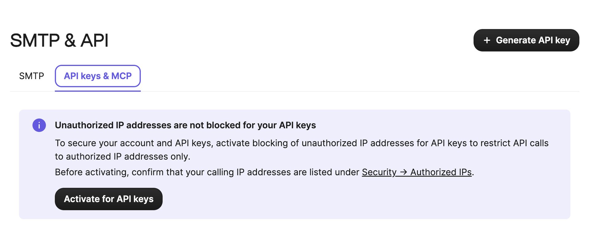 SMTP & API screen