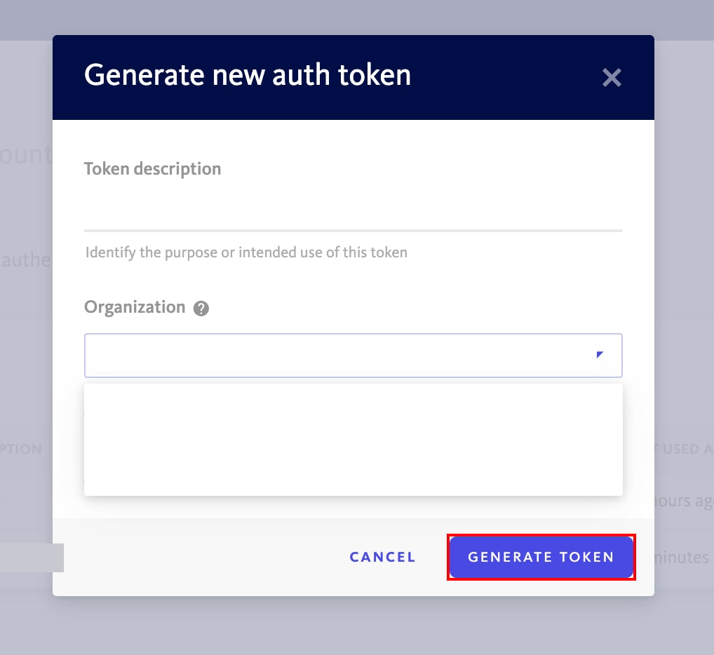 Generate new auth token screen