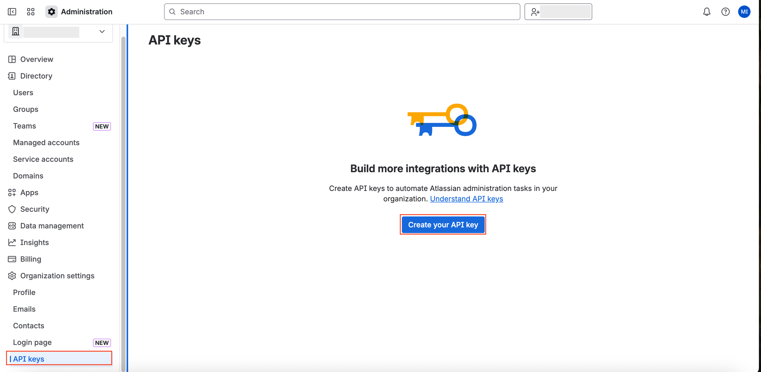 Atlassian管理画面 API keys設定