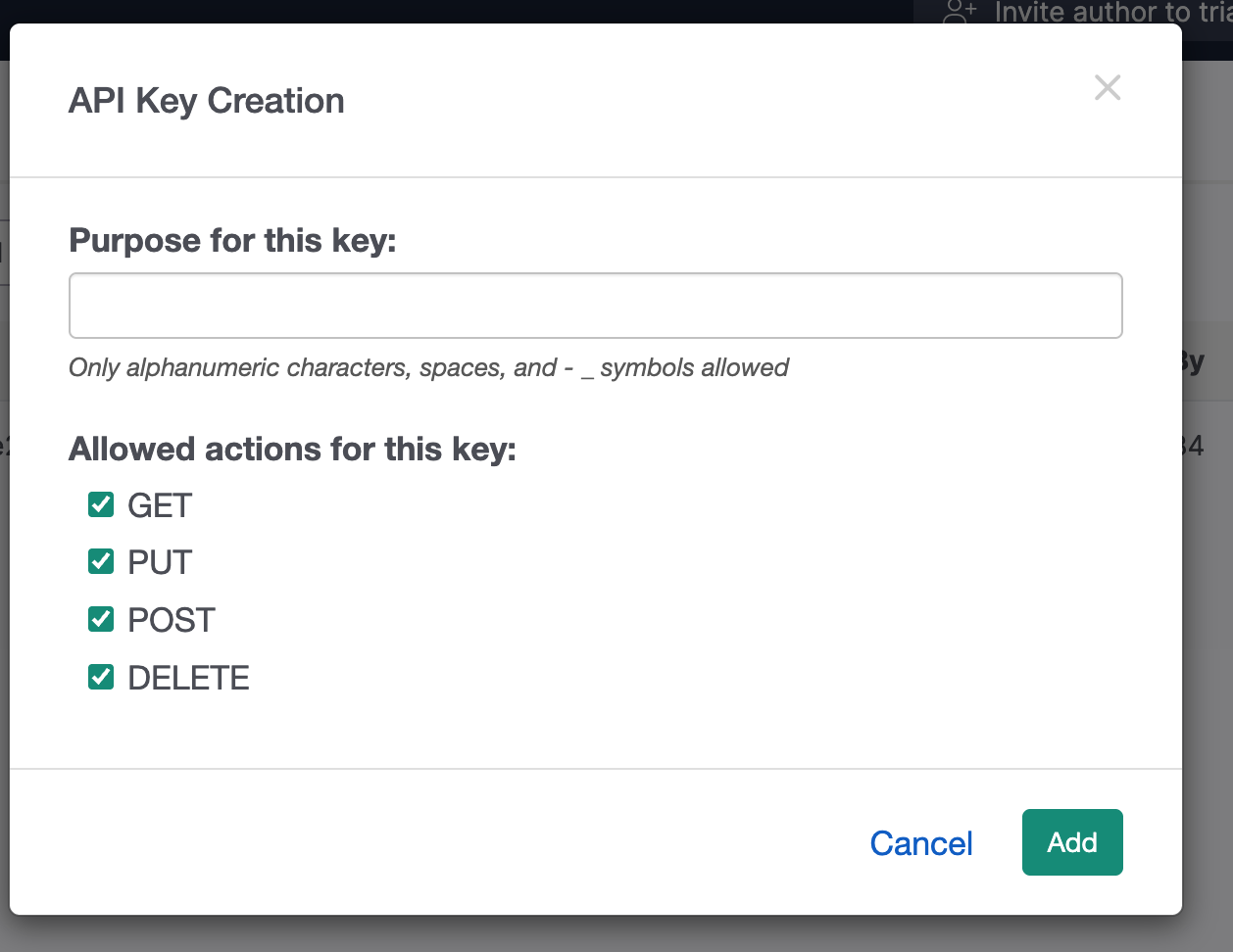 API Key Creationモーダルで用途の入力欄と許可する操作のチェックボックスが表示されている状態