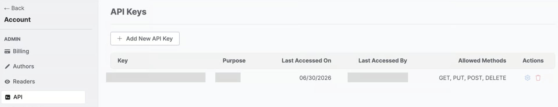 The KnowledgeOwl API Keys page with the Add New API Key button