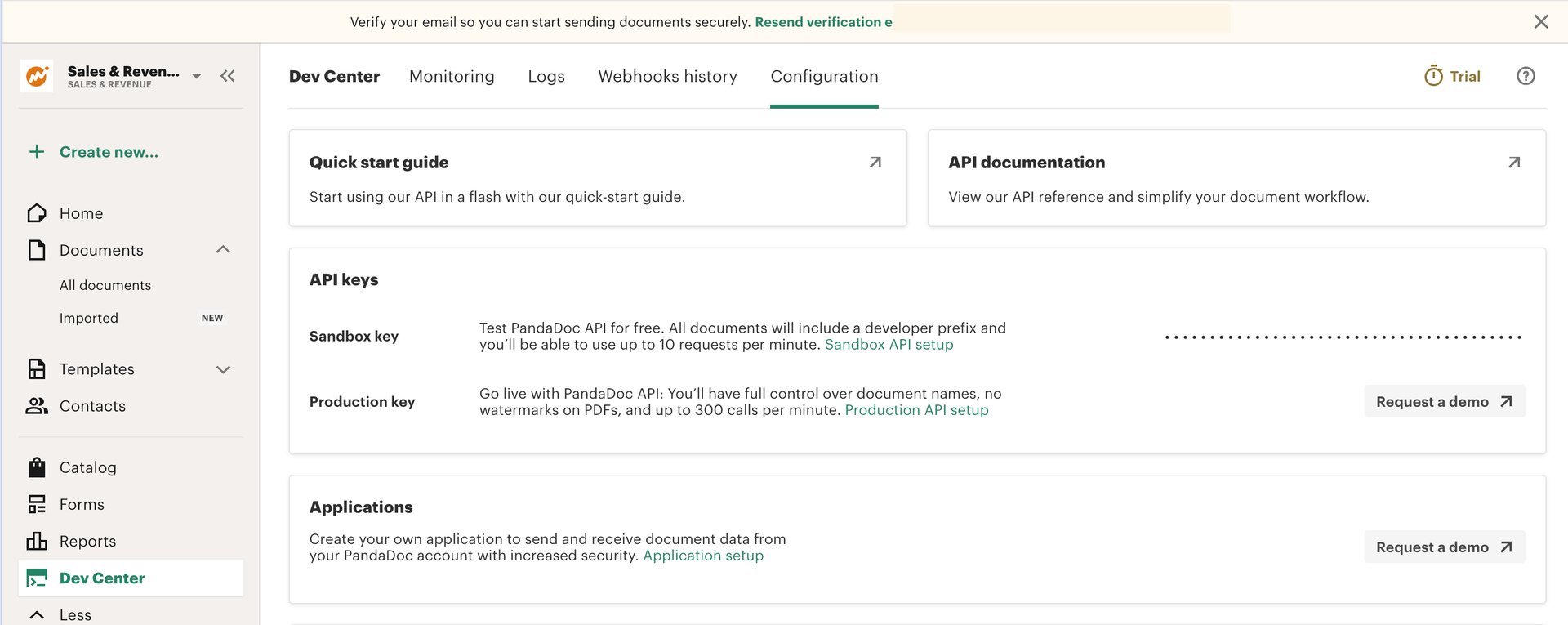 Dev Center 設定画面