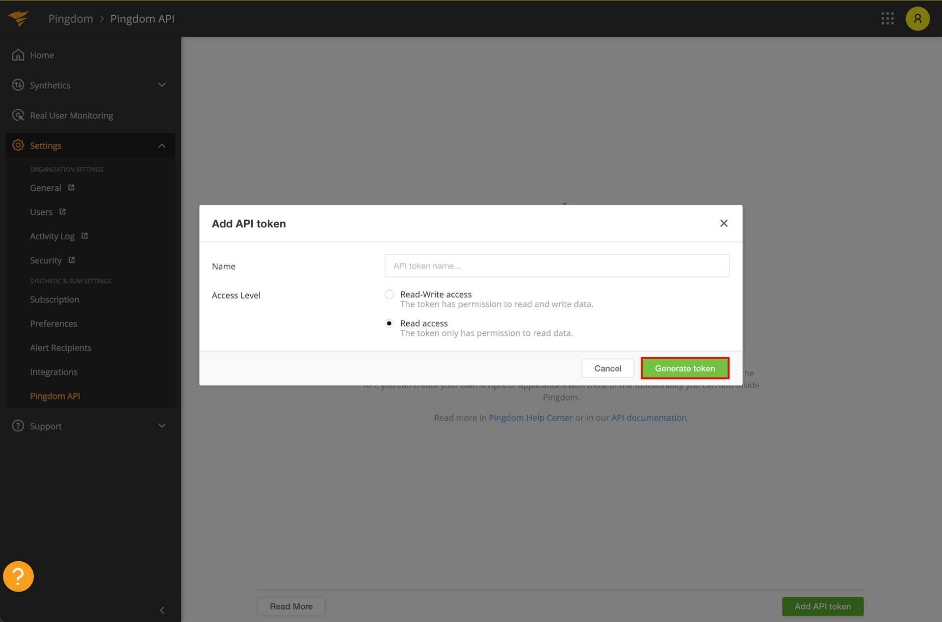 Add API token screen
