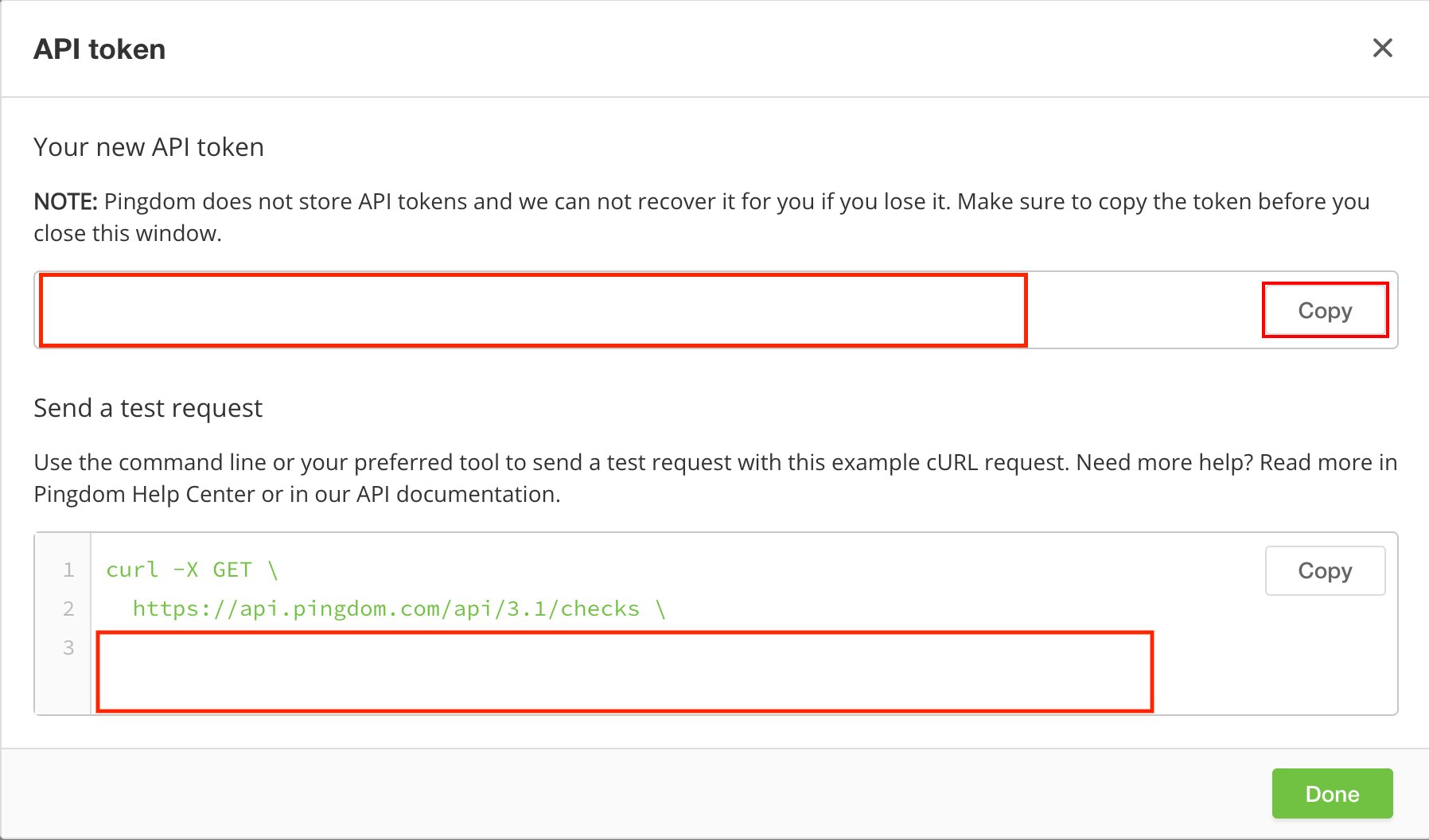 API token issued screen