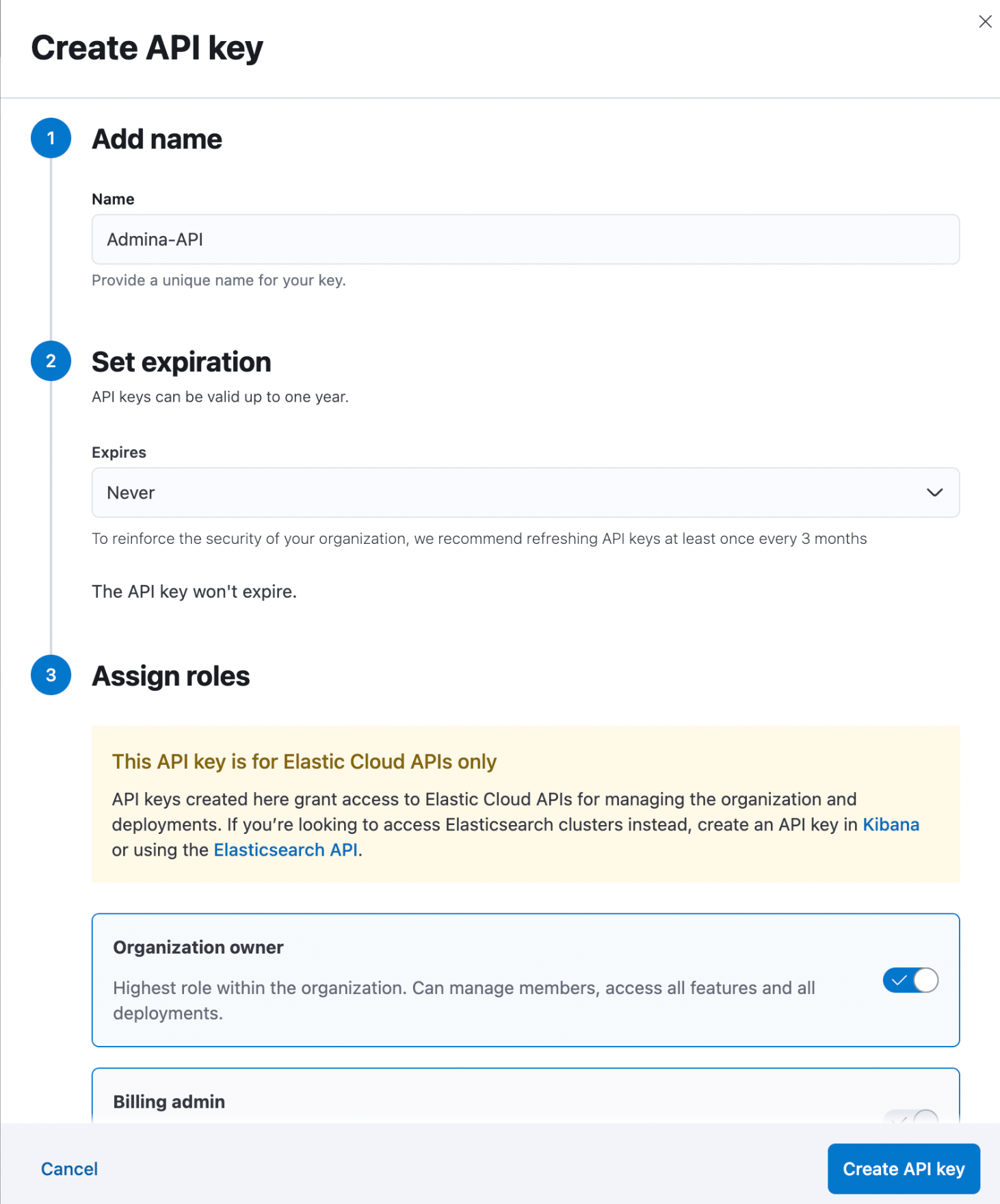 Create API key画面