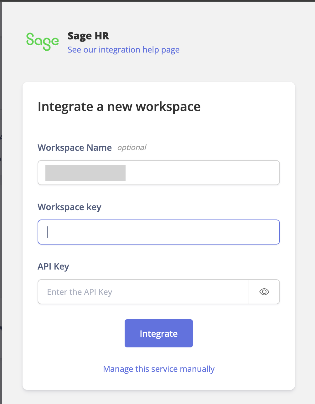 Sage HR integration setup screen with workspace key and API key fields