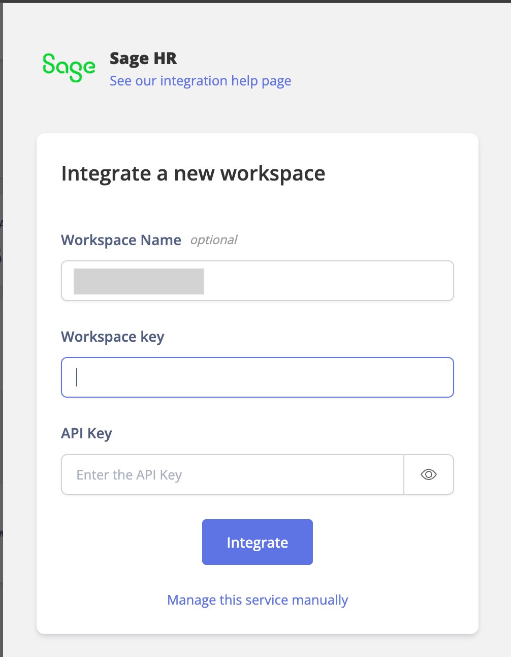 Sage HR integration setup screen with workspace key and API key fields