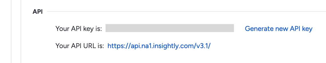 InsightlyのUser Settings画面でAPIキーとAPI URLが表示されている箇所