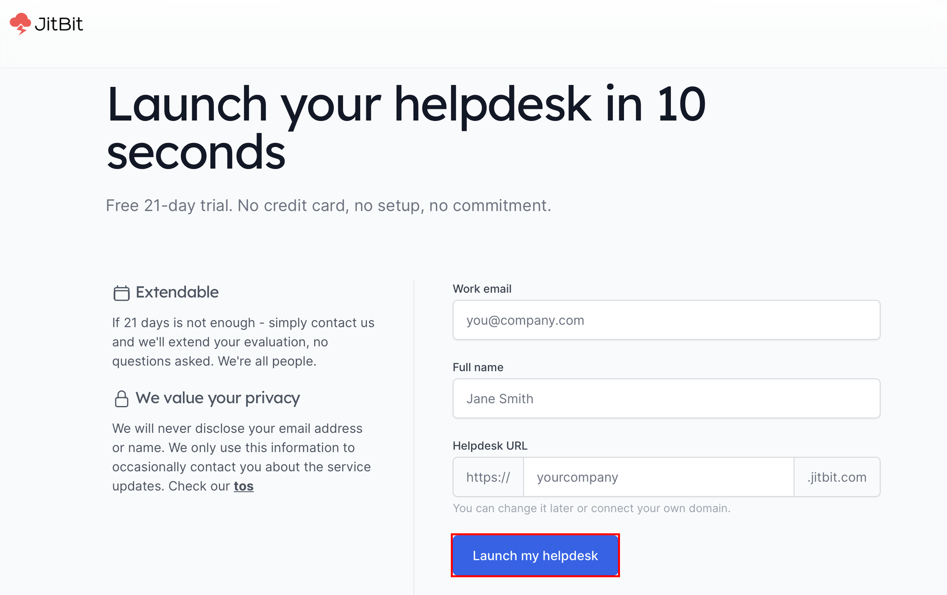 Jitbit Helpdeskのトライアル申し込み画面。Launch my helpdeskボタンが赤枠で強調されている