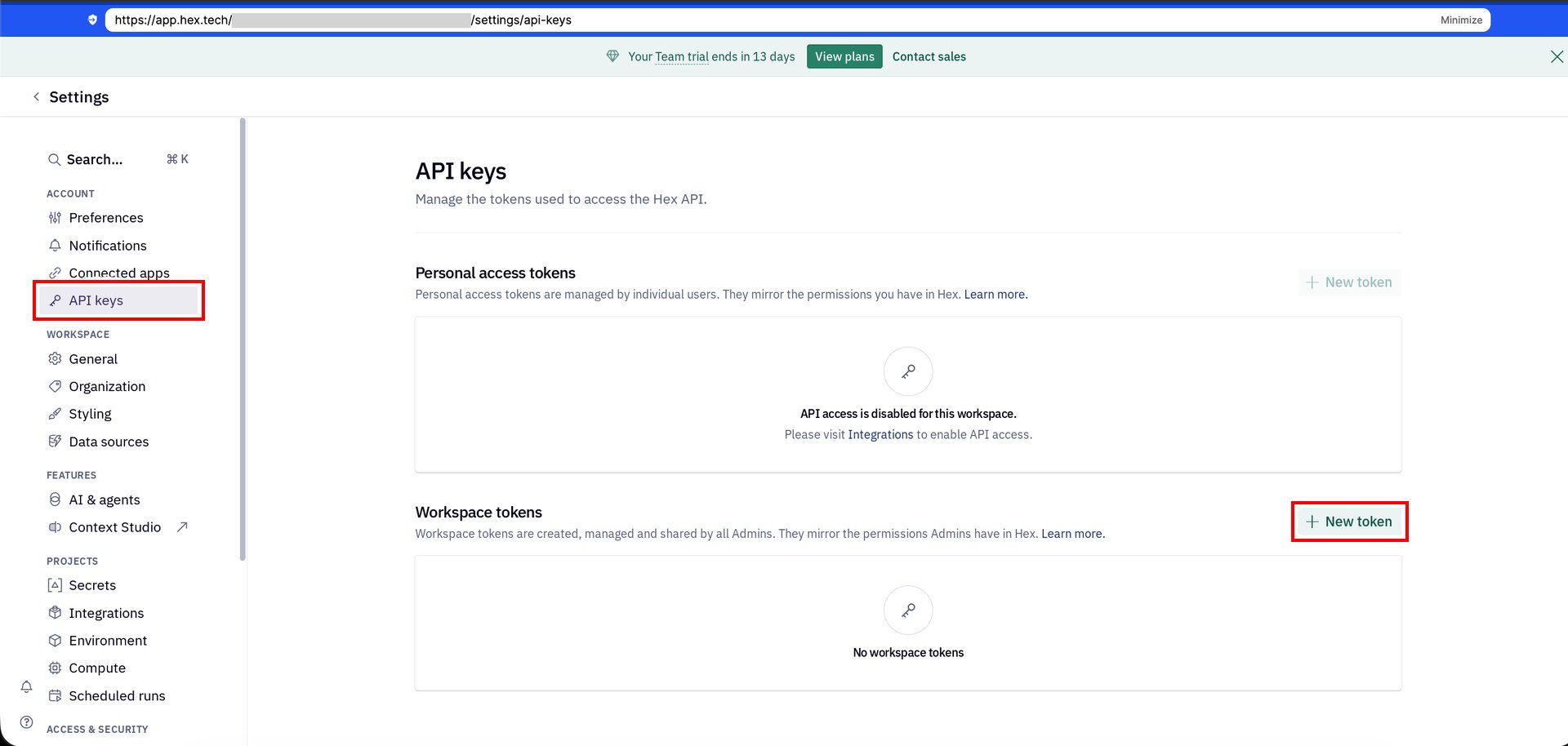 The API keys page in Hex with the New token button under Workspace tokens