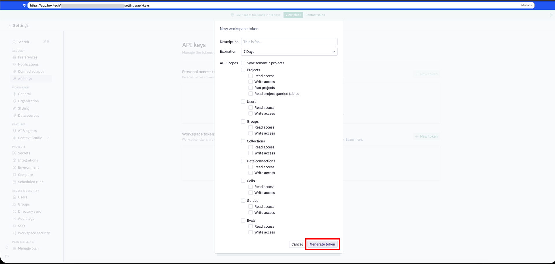 The New workspace token screen in Hex with the token settings