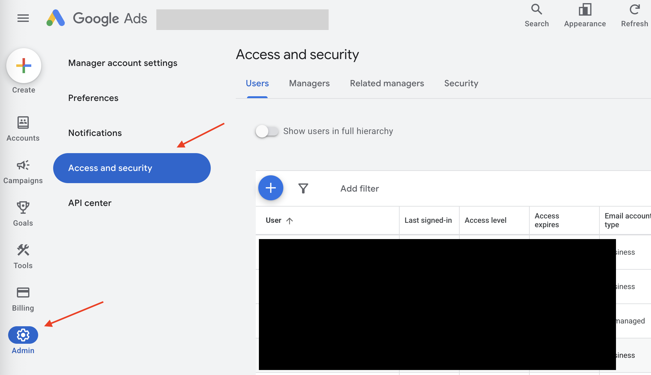 Service account addition screen