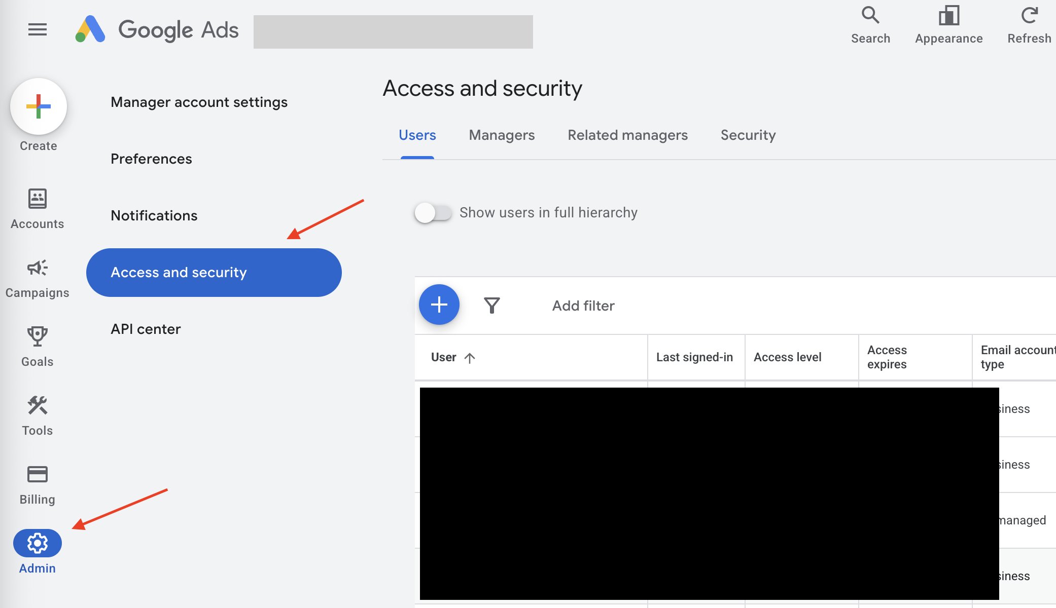 Service account addition screen