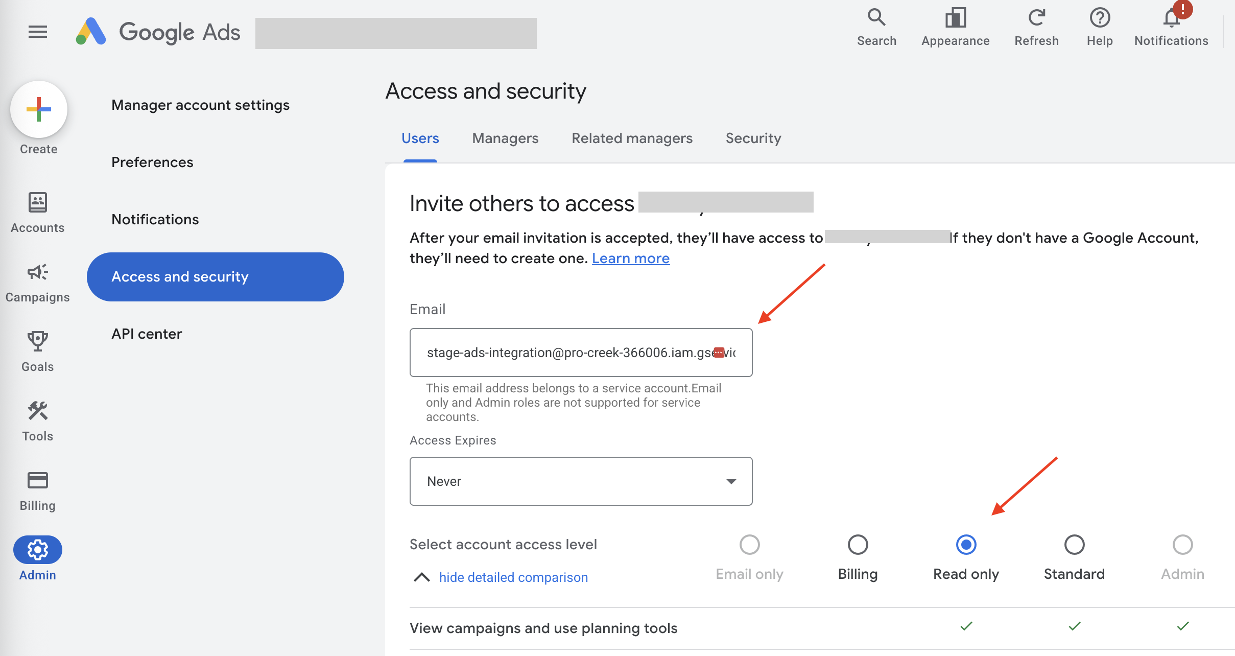 Access level selection screen
