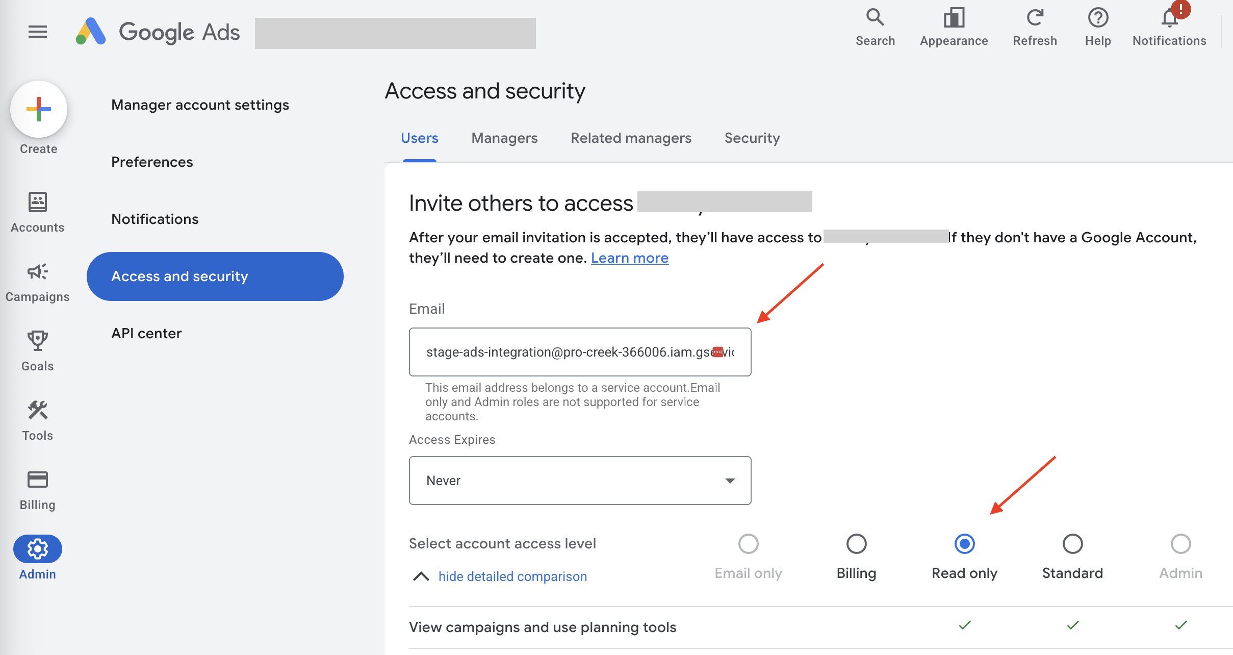 Access level selection screen