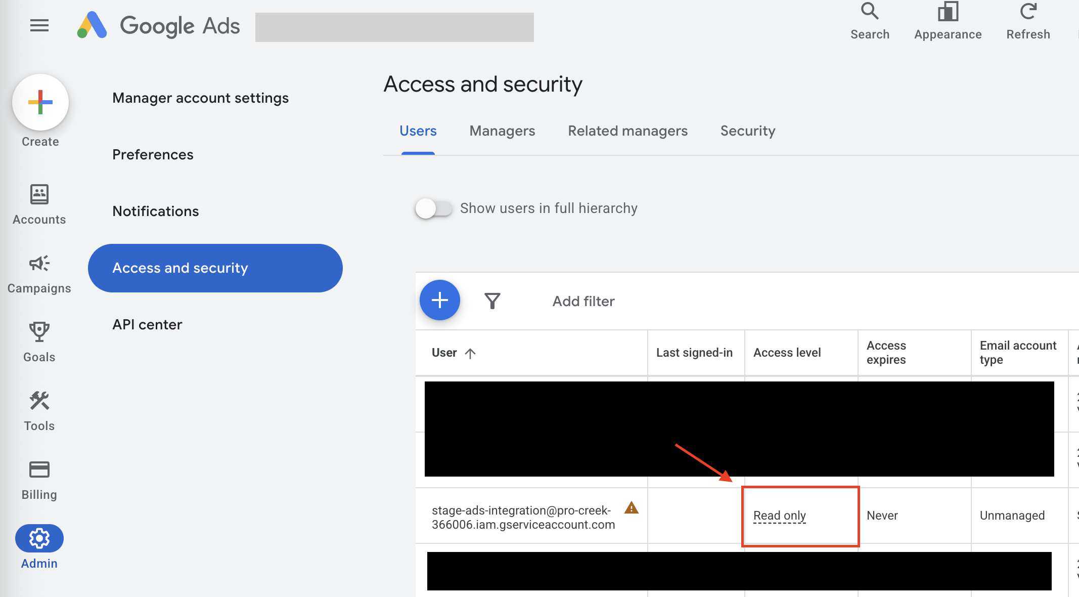 Admin permission change screen
