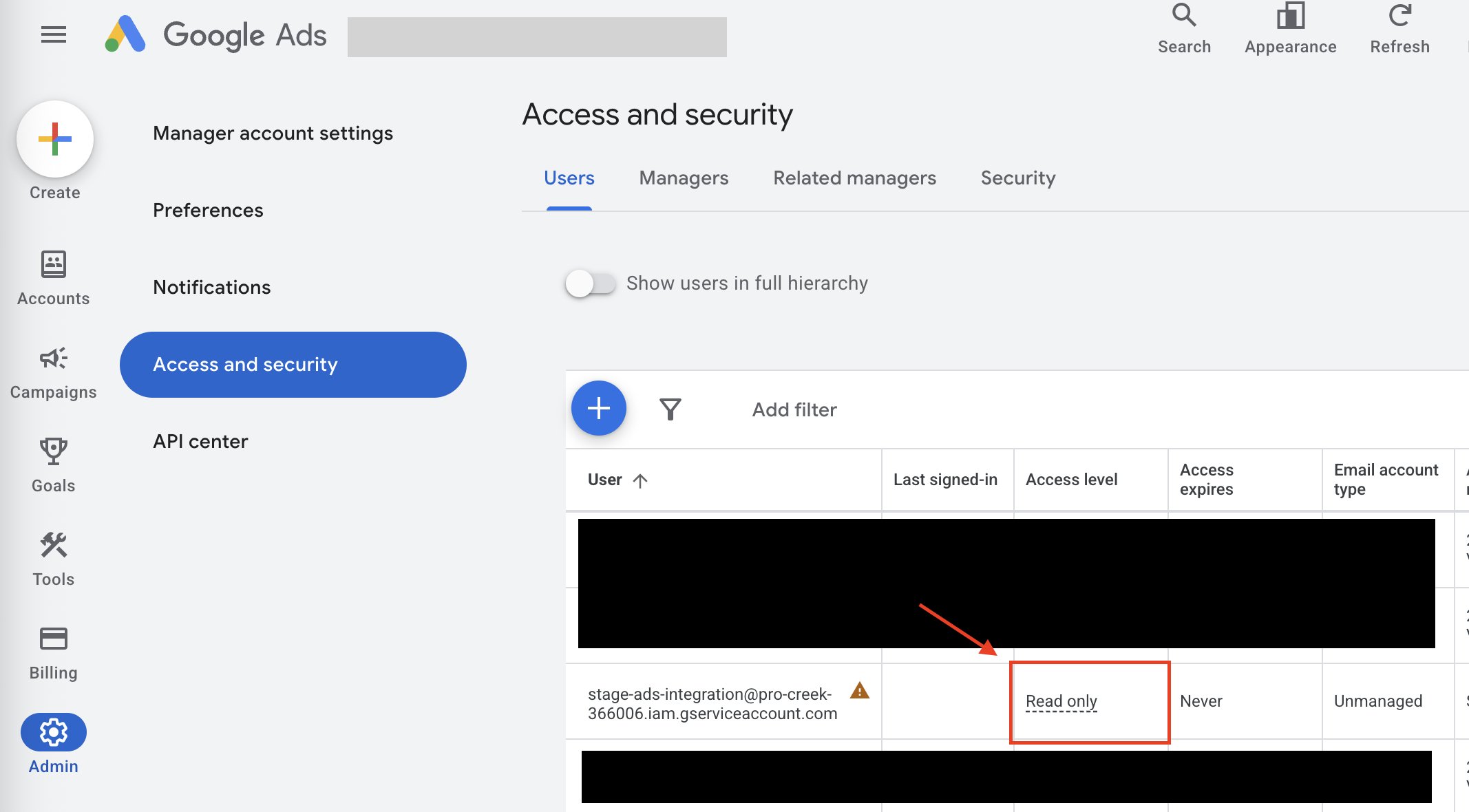 Admin permission change screen