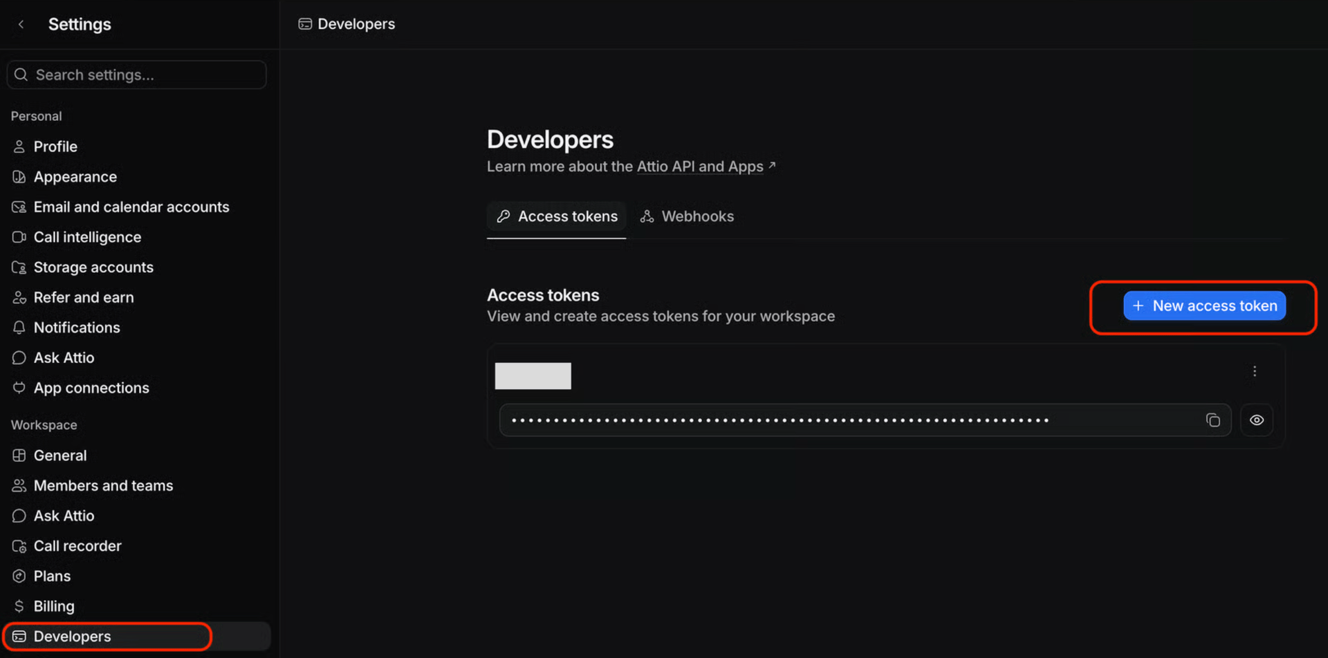 Attio's developer settings screen, creating a new access token from the Access tokens tab