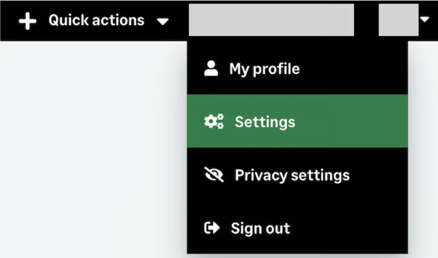 Sage HRのアカウントメニューでSettingsを選択している画面