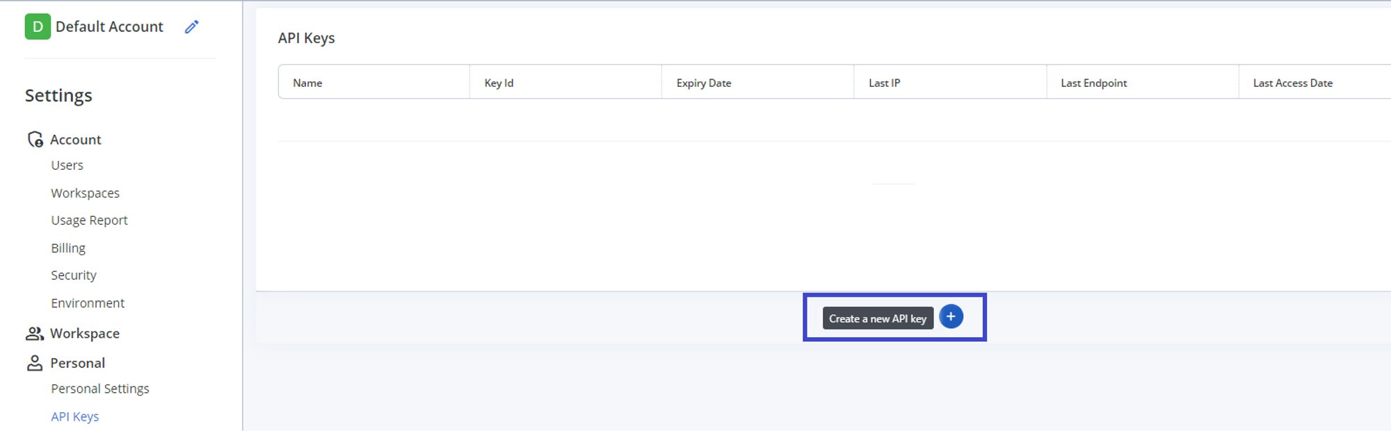 API Keys page
