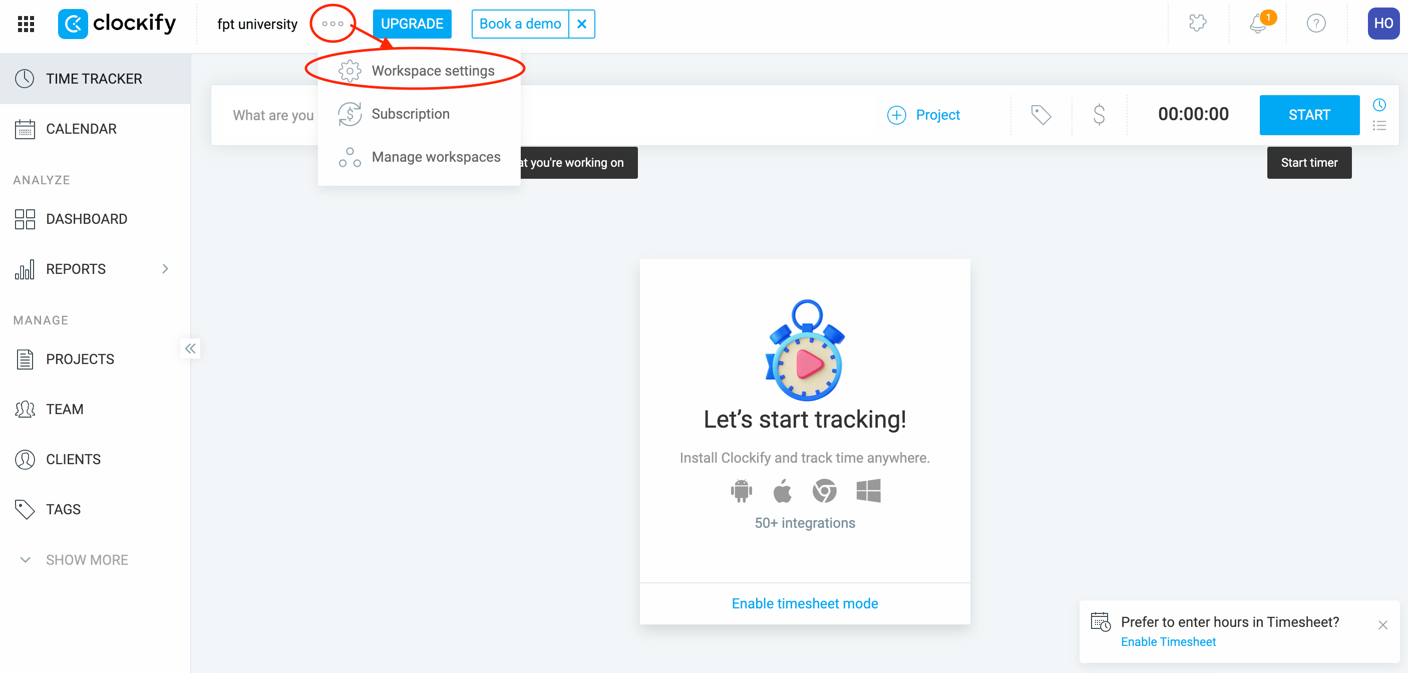 Workspace settings menu